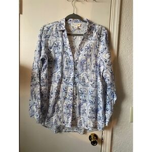 C&C California Linen Button Up‎ Shirt Palm Tree Flamingo Print Blue White